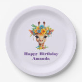 Leuke Giraffe met Floral Crown Verjaardag Papieren Bordje (Voorkant)