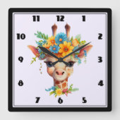 Leuke Giraffe met Floral Crown Vierkante Klok (Voorkant)