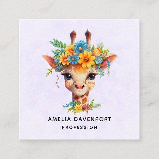 Leuke Giraffe met Floral Crown Vierkante Visitekaartje (Voorkant)