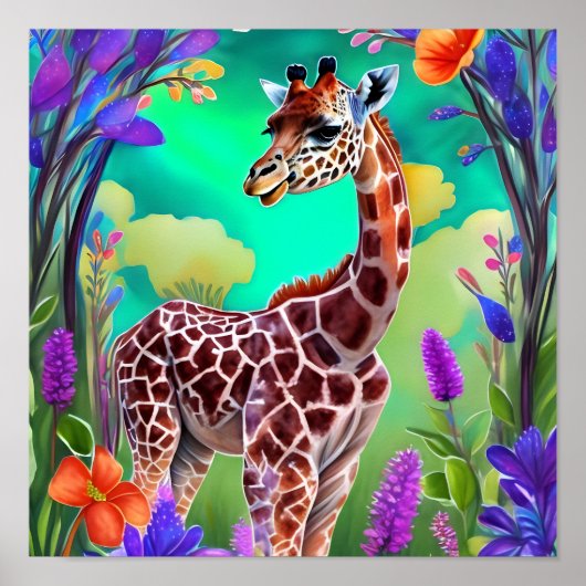 Leuke Giraffe Omgeven door Flowers Poster (Voorkant)