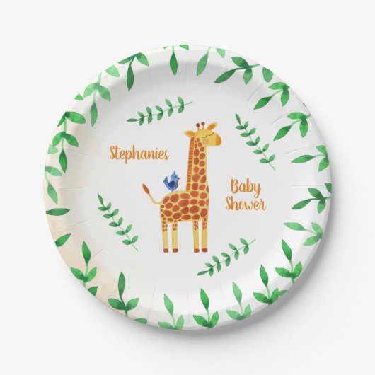Leuke Giraffe & Vogel Baby shower Papieren Bordje (Voorkant)