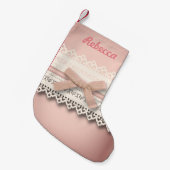 Leuke girly chique witte kant stoffig roos roze bo kleine kerstsok (Voorkant (Hangend))
