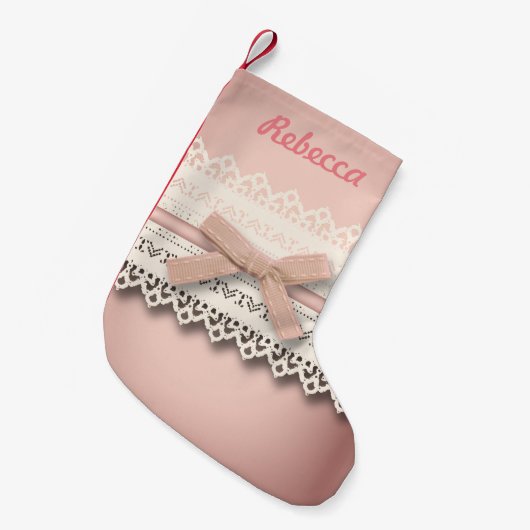 Leuke girly chique witte kant stoffig roos roze bo kleine kerstsok (Voorkant (Hangend))