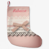 Leuke girly chique witte kant stoffig roos roze bo kleine kerstsok (Voorkant)