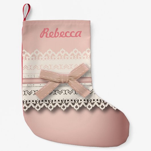 Leuke girly chique witte kant stoffig roos roze bo kleine kerstsok (Voorkant)