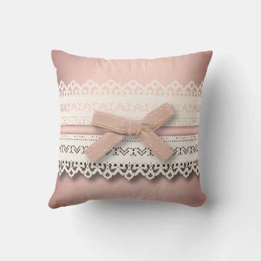 Leuke girly chique witte kant stoffig roos roze bo kussen (Achterkant)