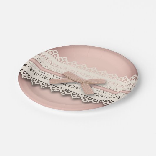 Leuke girly chique witte kant stoffig roos roze bo papieren bordje (Gekanteld)