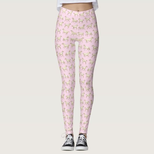 Leuke Girly Galoping Paarden Beige Roze Leggings (Voorkant)