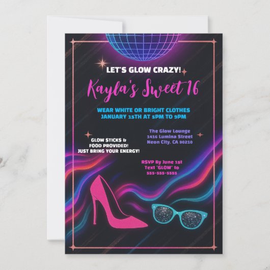 Leuke Girly Glow in de Dark Sweet 16 Party Kaart (Voorkant)
