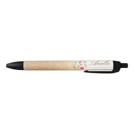 Leuke Girly Gold Glitter Floral Gepersonaliseerde  Zwarte Inkt Pen (Bodem)