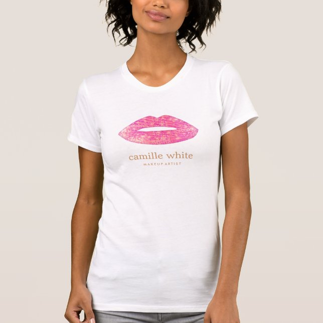 Leuke Girly Make-up Artiest Roze Sequin Lips T-shirt (Voorkant)