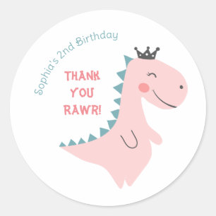 Leuke Girly Pink Blauwgroen Dinosaurus Verjaardag Ronde Sticker