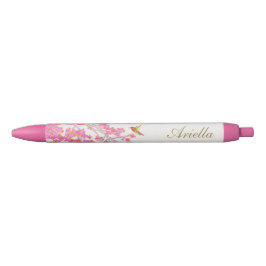 Leuke Girly Pink Bloemen Gepersonaliseerde Naam Zwarte Inkt Pen