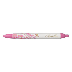 Leuke Girly Pink Bloemen Gepersonaliseerde Naam Zwarte Inkt Pen