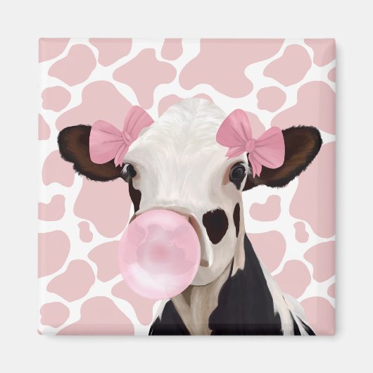 Leuke Girly Pink Bubblegum Blowing Koe Magneet (Voorkant)