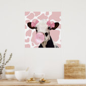 Leuke Girly Pink Bubblegum Blowing Koe Poster (Keuken)