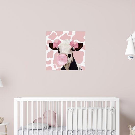 Leuke Girly Pink Bubblegum Blowing Koe Poster (Kinderkamer 2)