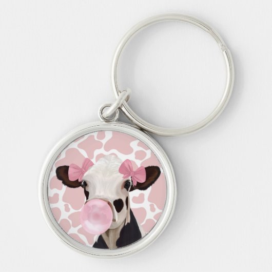 Leuke Girly Pink Bubblegum Blowing Koe Sleutelhanger (Voorkant)