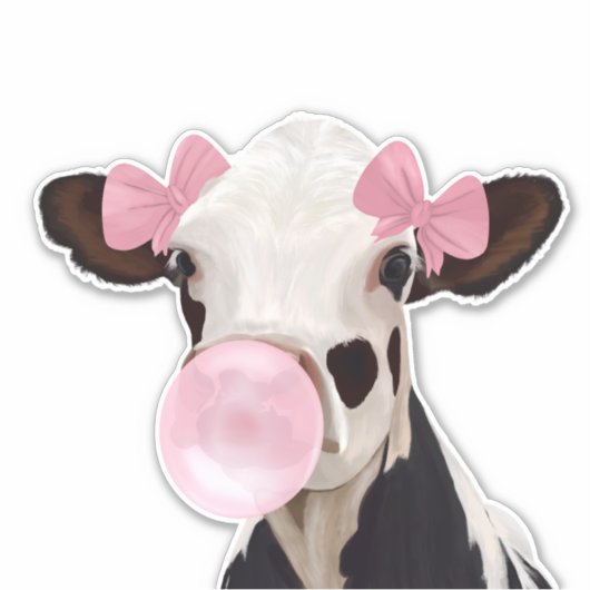 Leuke Girly Pink Bubblegum Blowing Koe Sticker (Voorkant)
