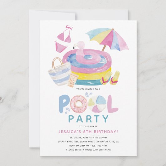 Leuke Girly Pool Party Verjaardag Kaart (Voorkant)