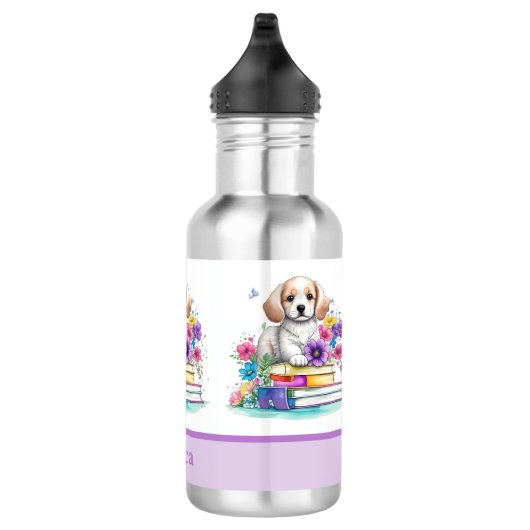 Leuke Girly Puppy boeken & bloemen Waterfles (Rechts)