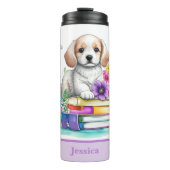 Leuke Girly Puppy Boeken & Lente Bloemen Thermosbeker (Voorkant)