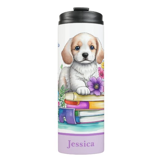 Leuke Girly Puppy Boeken & Lente Bloemen Thermosbeker (Voorkant)