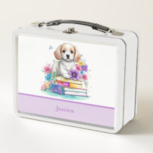 Leuke Girly Puppy Zittend op Boeken en Bloemen