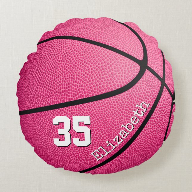 Leuke girly roze gepersonaliseerde basketbal rond kussen (Voorkant)