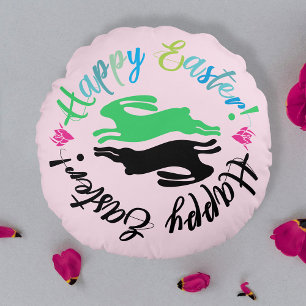 Leuke Girly Roze Kleurrijke Paashaas Typografie Rond Kussen