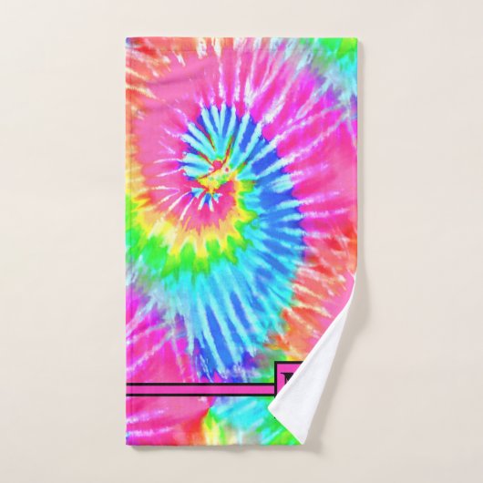 Leuke Girly Roze Regenboog Retro Tie Dye Monogramm Bad Handdoek (Handdoek)