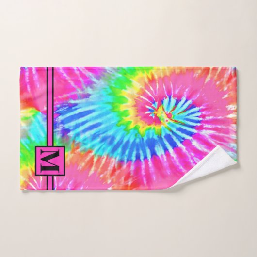 Leuke Girly Roze Regenboog Retro Tie Dye Monogramm Bad Handdoek (Handdoek)