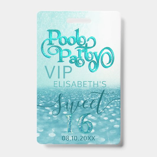 Leuke glitter script pool party Sweet 16 VIP Badge (Voorzijde)