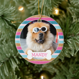 Leuke Glitter Stripe Uw Hond Foto 1e Kerstmis Keramisch Ornament
