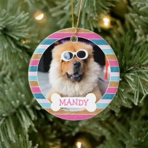 Leuke Glitter Stripe Uw Hond Foto 1e Kerstmis Keramisch Ornament