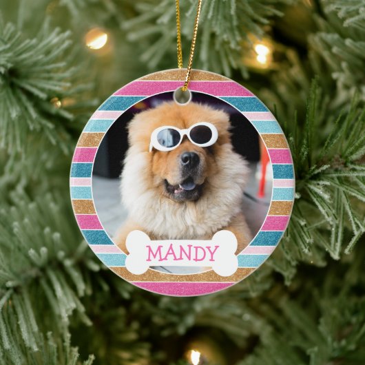 Leuke Glitter Stripe Uw Hond Foto 1e Kerstmis Keramisch Ornament (Boom)
