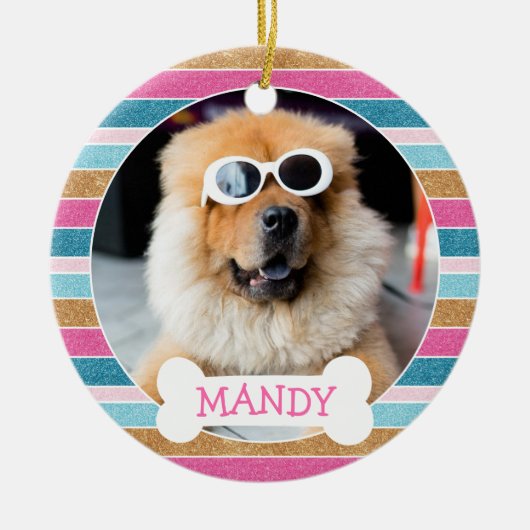 Leuke Glitter Stripe Uw Hond Foto 1e Kerstmis Keramisch Ornament (Voorkant)