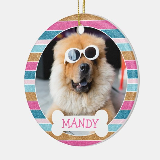 Leuke Glitter Stripe Uw Hond Foto 1e Kerstmis Keramisch Ornament (Links)