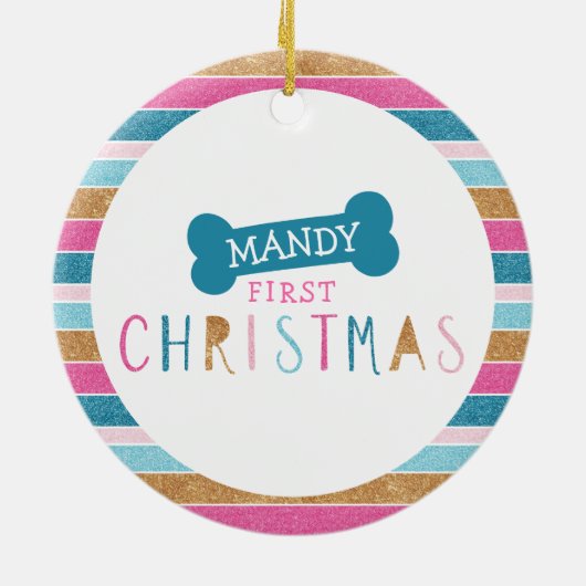 Leuke Glitter Stripe Uw Hond Foto 1e Kerstmis Keramisch Ornament (Achterkant)