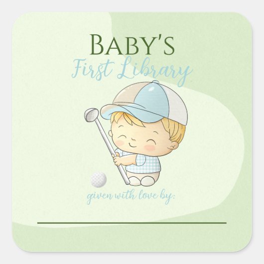 Leuke Golf Boy Eerste Bibliotheek Bookplate Douche Vierkante Sticker (Voorkant)
