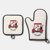 Leuke Golf Guy Winkelwagen Aangepaste Monogram Naa Ovenwant & Pannenlap Set (Voorkant)