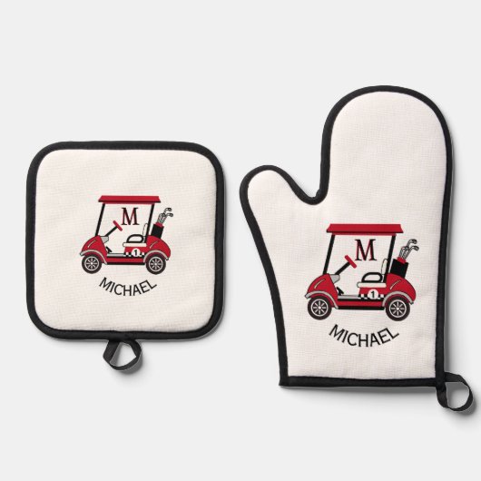 Leuke Golf Guy Winkelwagen Aangepaste Monogram Naa Ovenwant & Pannenlap Set (Voorkant)