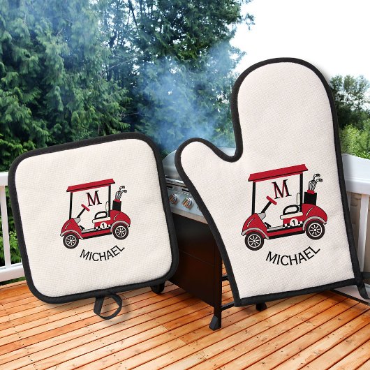 Leuke Golf Guy Winkelwagen Aangepaste Monogram Naa Ovenwant & Pannenlap Set