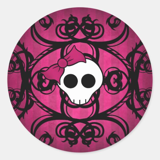 Leuke gotische schedel op fuschia en zwart ronde sticker (Voorkant)