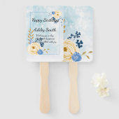 Leuke  gouden bloemenblauwe waterverf handwaaier (Voorkant en achterkant)