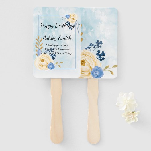 Leuke  gouden bloemenblauwe waterverf handwaaier (Voorkant en achterkant)