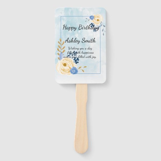 Leuke  gouden bloemenblauwe waterverf handwaaier (Voorkant)