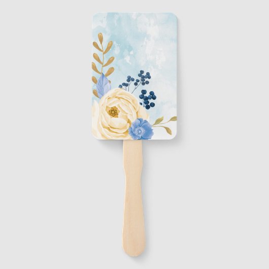 Leuke  gouden bloemenblauwe waterverf handwaaier (Achterkant)