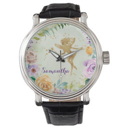 Leuke gouden glitter fee met Paarse wilde bloemen Horloge