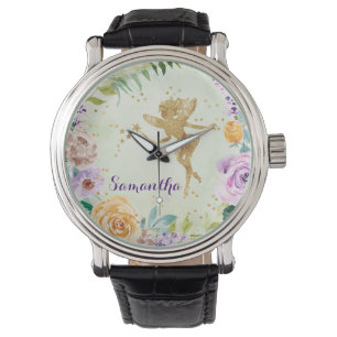 Leuke gouden glitter fee met Paarse wilde bloemen Horloge